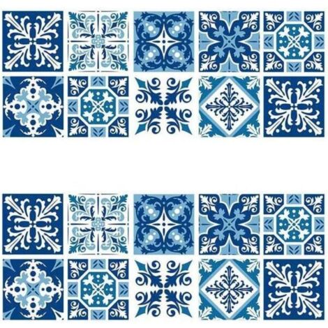 Lot de 2 autocollants carrelage mural 15×15cm – PVC étanche style porcelaine bleu et blanc – Pour cuisine et salle de bain
