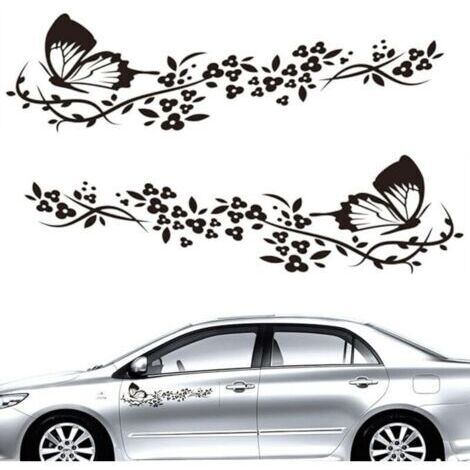 Lot de 2 autocollants pour voiture, autocollants pour voiture avec motif papillons et fleurs, autocollant de tuning pour capot de voiture, moto, skateboards, valises, murs (noir)