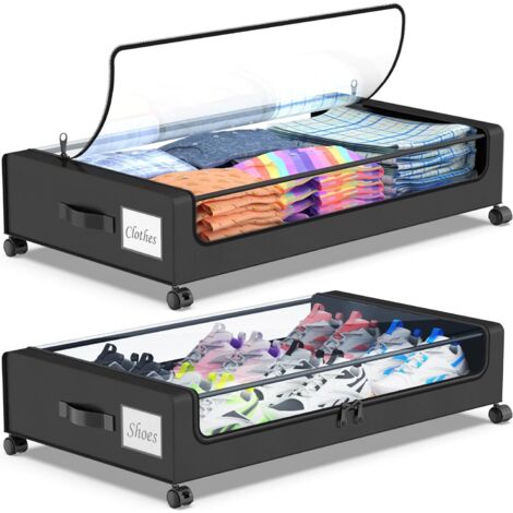 Lot de 2 bac de rangement sous le lit avec couvercle transparent, bacs de rangement sous le lit de 35 L, tiroir en métal roulant sous le lit (noir)