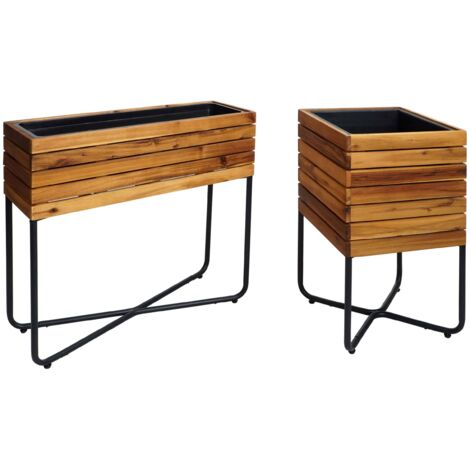Lot de 2 bacs à fleurs HHG-586, bac à fleurs, rectangulaire carré Outdoor acier acacia bois certifié MVG, marron