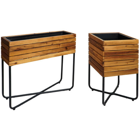 Lot de 2 bacs à fleurs HWC-L25 - bac à fleurs - rectangulaire carré Outdoor acier acacia bois certifié MVG - brun