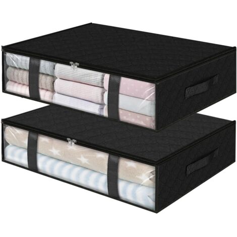 Lot de 2 bacs de rangement sous le lit, sacs de rangement pliables en tissu avec fenêtre transparente, organiseur respirant pour vêtements/couvertures/couettes/couettes, 40 L, noir
