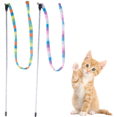 Lot de 2 baguettes interactives arc-en-ciel pour chats et chatons d'intérieur, jouet en peluche coloré avec clochettes