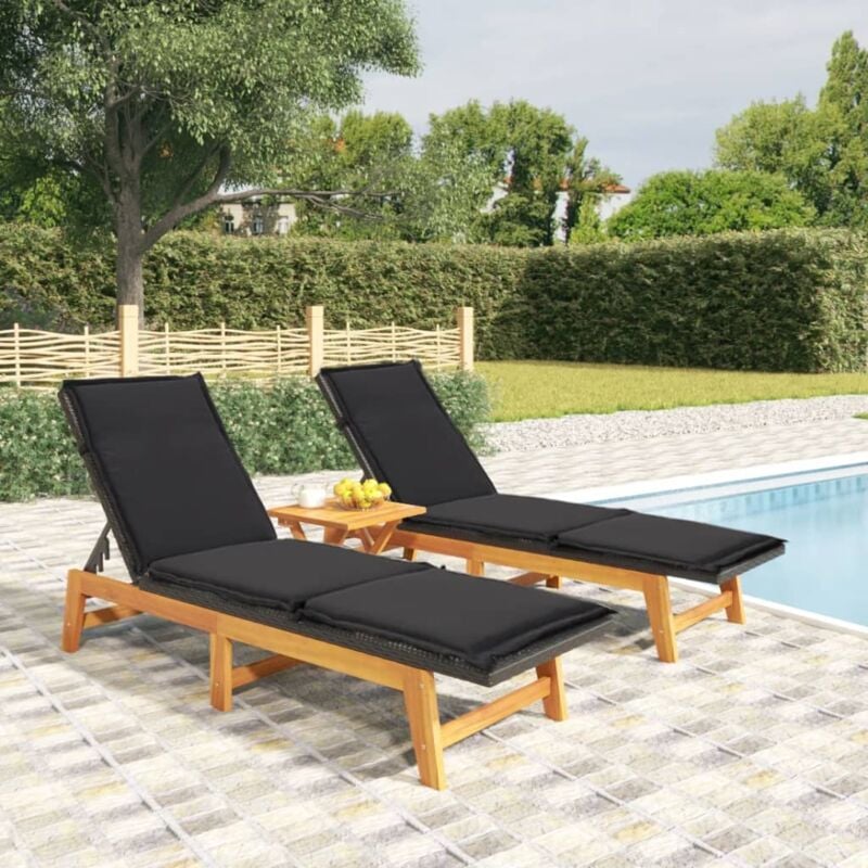 Lot de 2 Bain de soleil Chaise de jardin Transat de jardin - et coussins Résine tressée/bois d'acacia BV251684