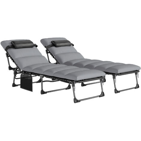 Lot de 2 Bain de Soleil Chaise Longue Jardin avec Matelas 9cm Pliable Dossier Réglable 5 Positions Appui-tête 200cm Gris