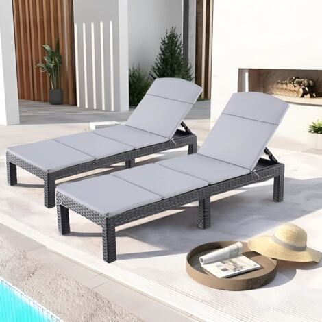 BOLLI Lot de 2 Bain de soleil - Chaise longue - Transat de soleil Résine imitation rotin tressé - Coussin - Dossier réglable - Noir