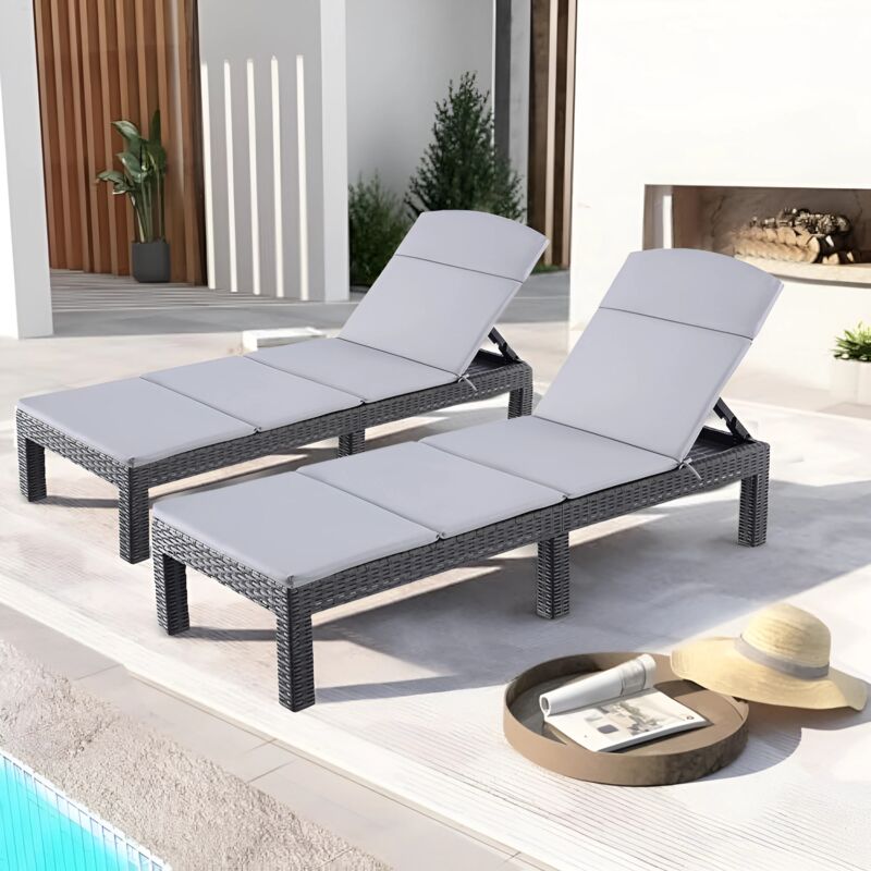 Lot de 2 Bain de soleil - Chaise longue - Transat de soleil Résine imitation rotin tressé - Coussin - Dossier réglable - Noir