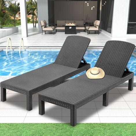 Lot de 2 Bain de soleil - Chaise longue - Transat de soleil Résine imitation rotin tressé - Dossier réglable - Noir