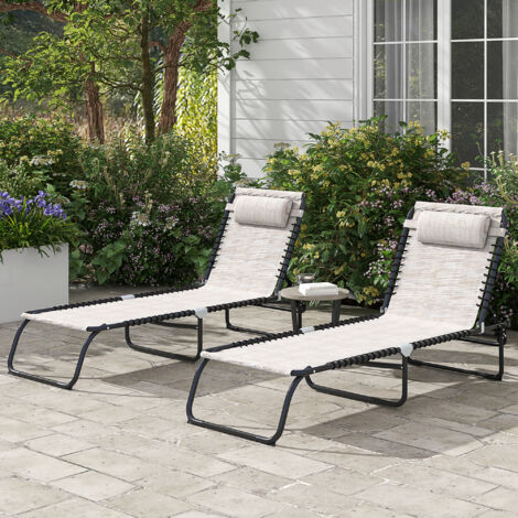 Lot de 2 bain de soleil transat pliable dossier inclinable multi-positions acier lacets élastiques textilène crème