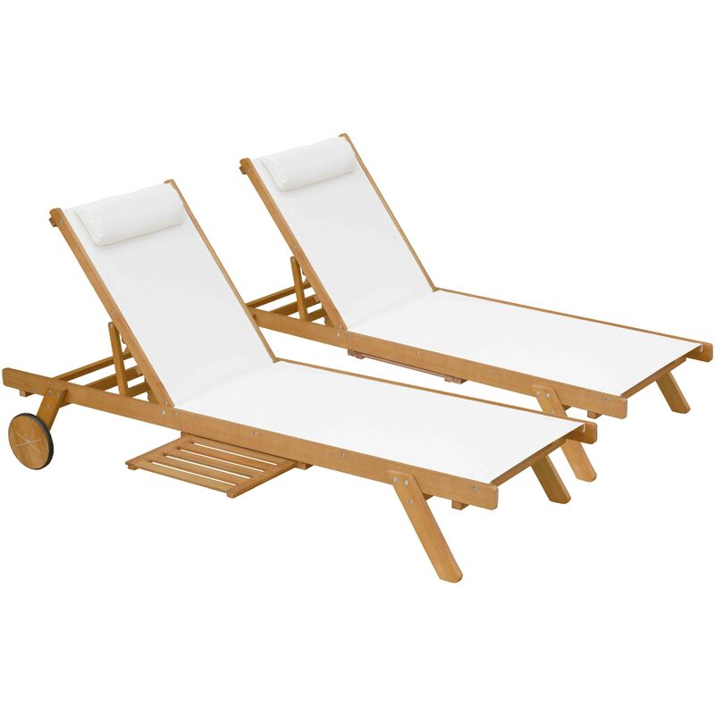 Lot de 2 bains de soleil avec coussin et tablette en bois blanc