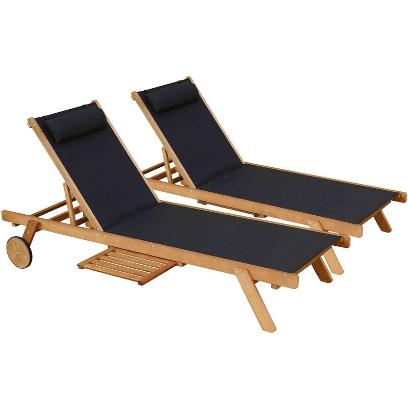 Lot de 2 bains de soleil avec coussin et tablette en bois noir