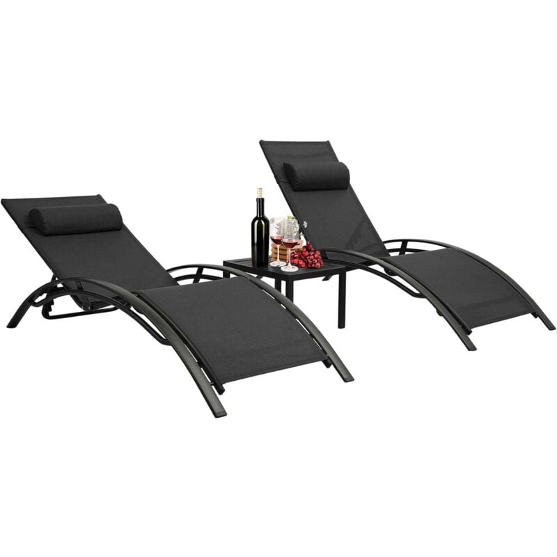 Lot de 2 Bains de Soleil avec Table Aluminium Transats Chaises Longues de Jardin,Dossier réglable en 5 Positions