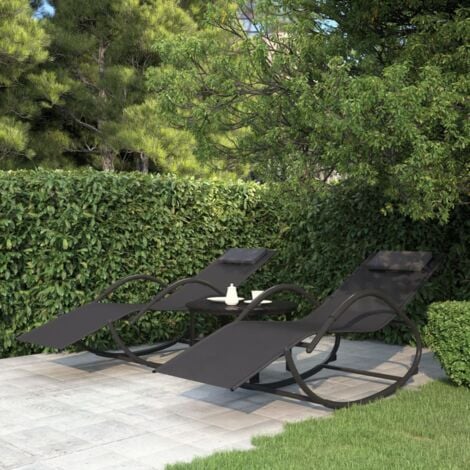 BONNEVIE Lot de 2 Bains de soleil Chaises à bascule - Transat de jardin Noir Acier et textilène BV807753