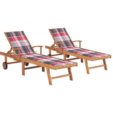 Lot de 2 Bains de soleil Chaises de jardin - Transat de jardin avec coussin carreaux rouge Teck solide BV747382 - BonneVie