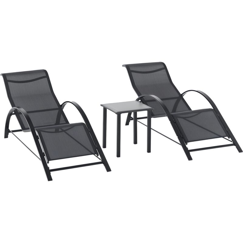 Lot de 2 bains de soleil design contemporain table basse plateau verre trempé métal époxy textilène noir