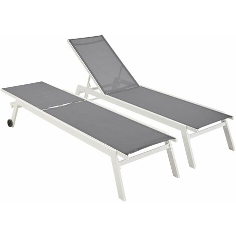 Lot de 2 bains de soleil ELSA en aluminium et textilène . transats multi positions avec roulettes Blanc / Gris
