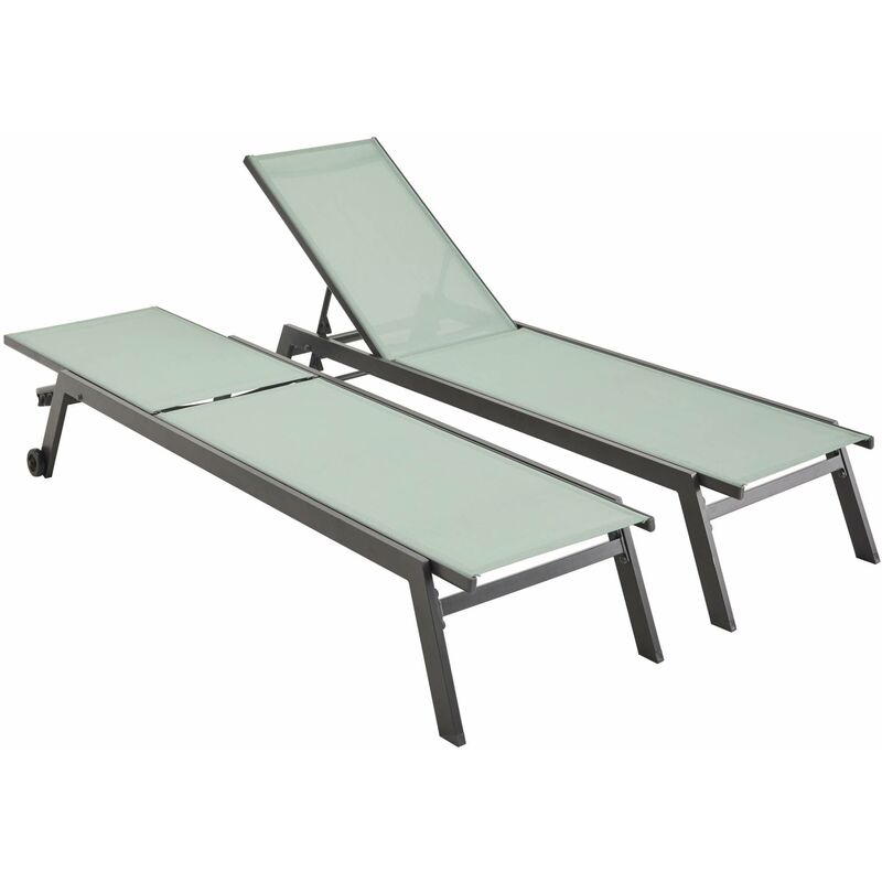 Lot de 2 bains de soleil ELSA en aluminium et textilène . transats multi positions avec roulettes Anthracite / Vert de gris - Anthracite