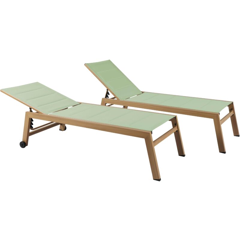 Oviala - Lot de 2 bains de soleil effet bois inclinable avec roues vert sauge