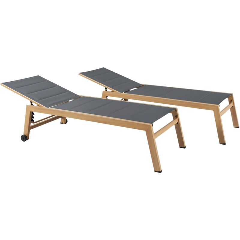 Oviala - Lot de 2 bains de soleil effet bois inclinable avec roues gris