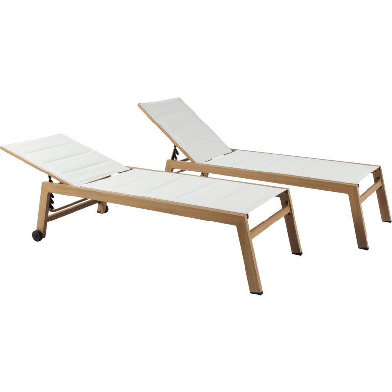 Oviala - Lot de 2 bains de soleil effet bois inclinable avec roues blanc