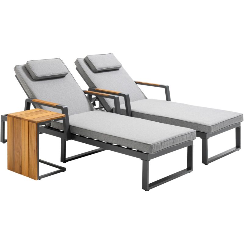 Oviala - Lot de 2 bains de soleil en aluminium et teck avec 1 tablette