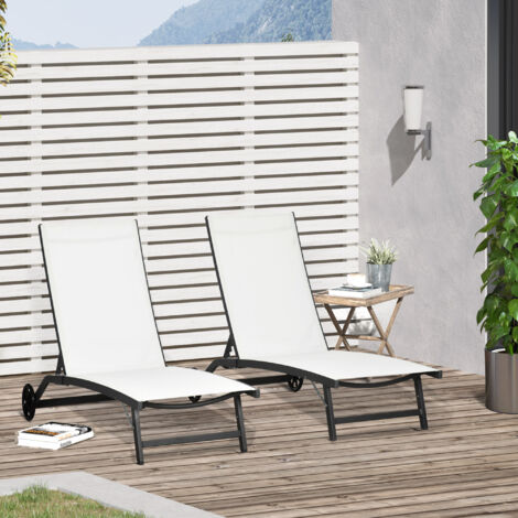 Lot de 2 bains de soleil en aluminium et textilène avec roulettes dossier inclinable charge max. 150 Kg crème