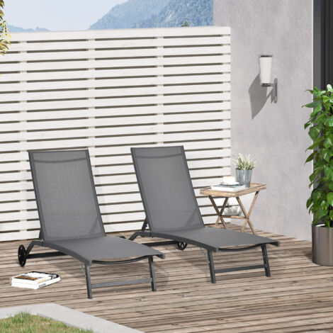 Lot de 2 bains de soleil en aluminium et textilène avec roulettes dossier inclinable charge max. 150 Kg Gris foncé