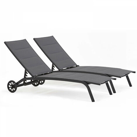 Lot de 2 bains de soleil en aluminium noir – Structure résistante aux intempéries – Assise matelassée en textilène – Longueur 194 cm – Largeur 57 cm – Solys