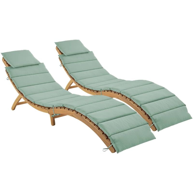 Lot de 2 bains de soleil en bois d'acacia laure avec coussin vert de gris en polyester. 184 x 55 x 63.5 cm