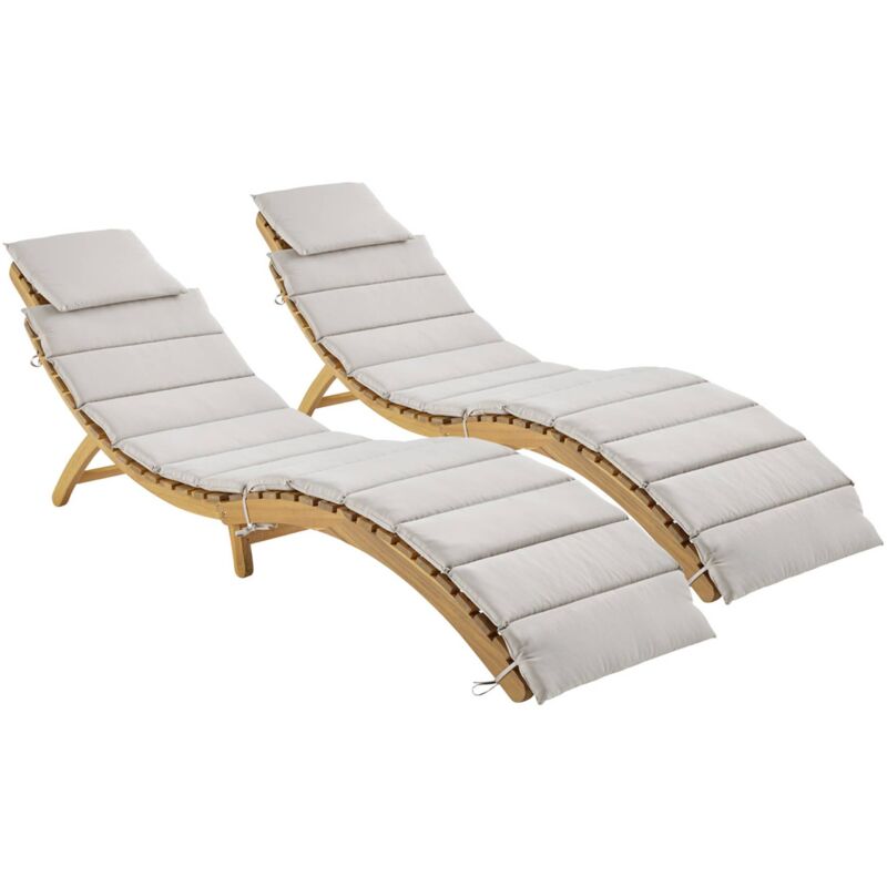 Lot de 2 bains de soleil en bois d'acacia laure avec coussin beige en polyester. 184 x 55 x 63.5 cm