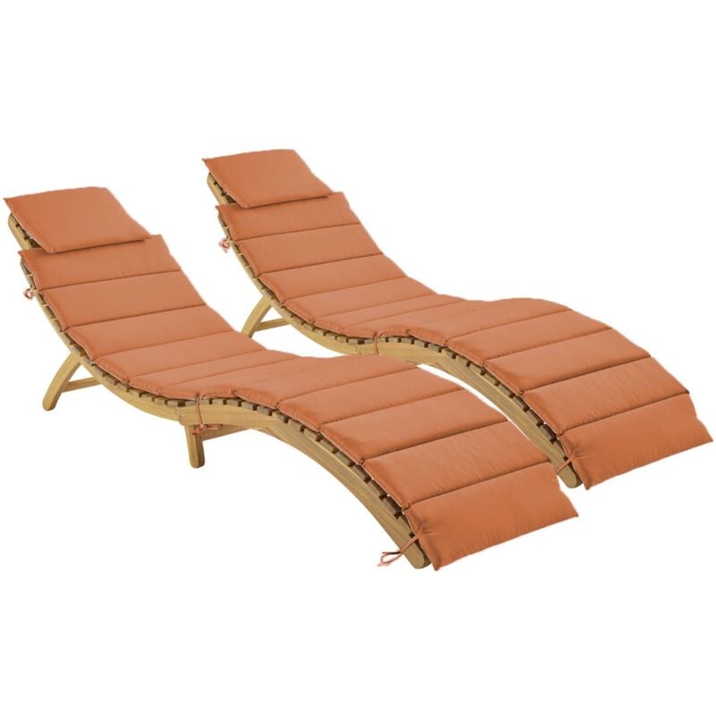 Lot de 2 bains de soleil en bois d'acacia laure avec coussin terracotta en polyester. 184 x 55 x 63.5 cm
