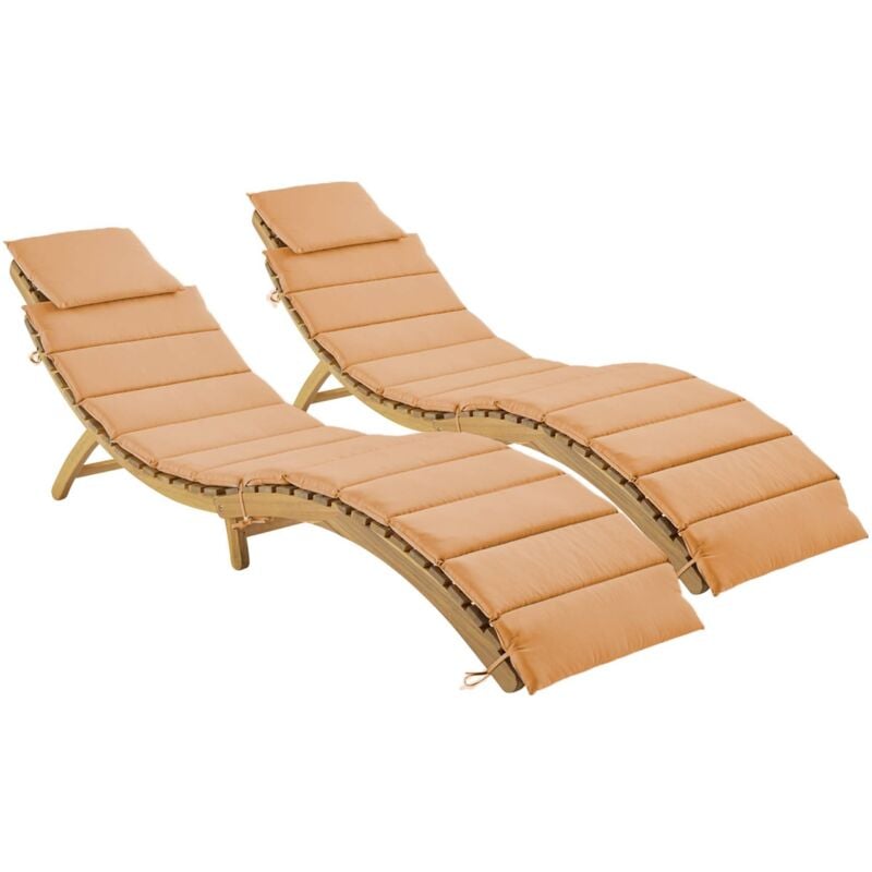 Lot de 2 bains de soleil en bois d'acacia LAURE avec coussin pêche en polyester. 184 x 55 x 63.5 cm