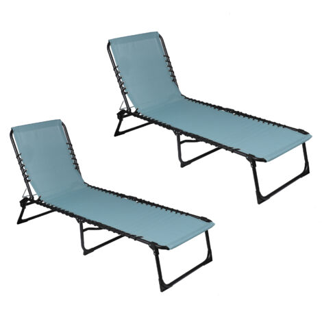 Lot de 2 bains de soleil en textilène bleu gris et métal