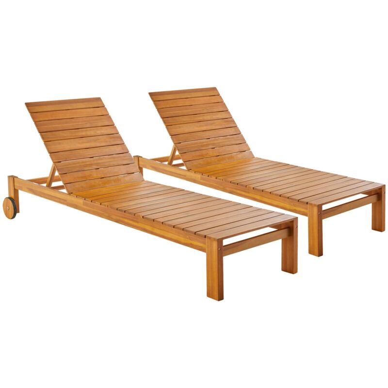 Lot de 2 bains de soleil favona en bois d'acacia avec roulettes. 205 x 67.5 x 32 cm