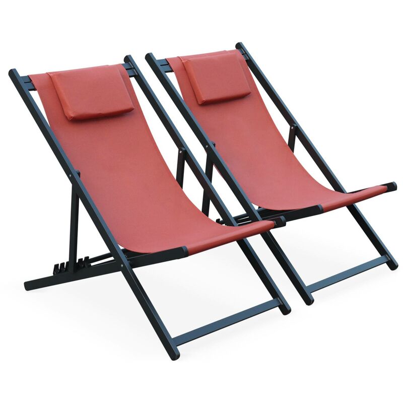 Lot de 2 bains de soleil - Gaia terra cotta - Transat en aluminium gris anthracite et textilene avec coussin repose tête. chilienne