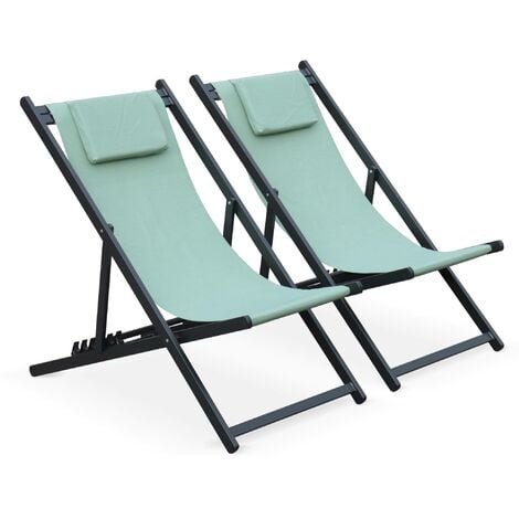 Lot de 2 bains de soleil - Gaia taupe - en aluminium anthracite et textilene vert de gris avec coussin repose tête, chilienne