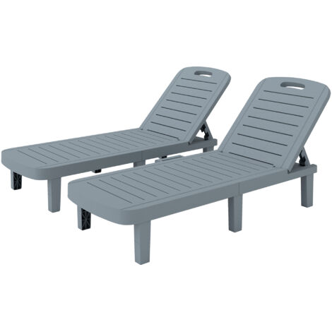 Lot de 2 bains de soleil gris, chaises longues inclinables avec plateaux rétractables, surface effet bois, 62×158×88 cm