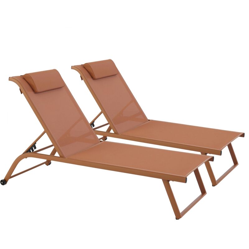 Oviala - Lot de 2 bains de soleil inclinable avec roues terracotta