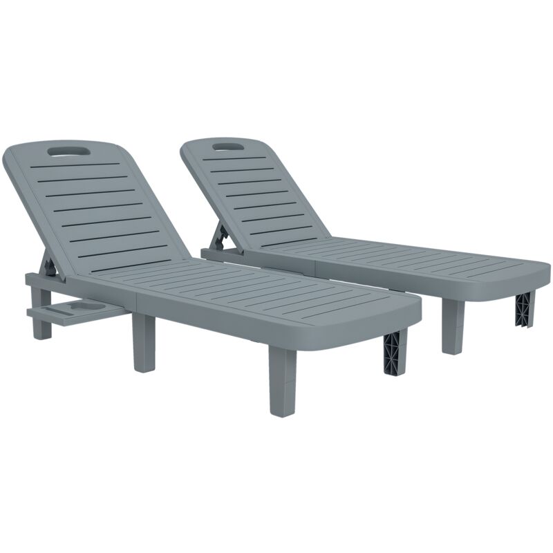 Lot de 2 bains de soleil inclinable - plateau rétractable - PP texturé effet bois gris