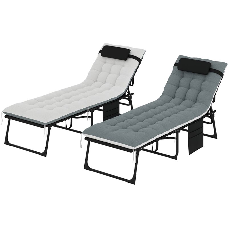 Lot de 2 bains de soleil - Outsunny - pliante et inclinable - coussin, appui-tête, poche latérale - textilène - 60x190x31cm - gris