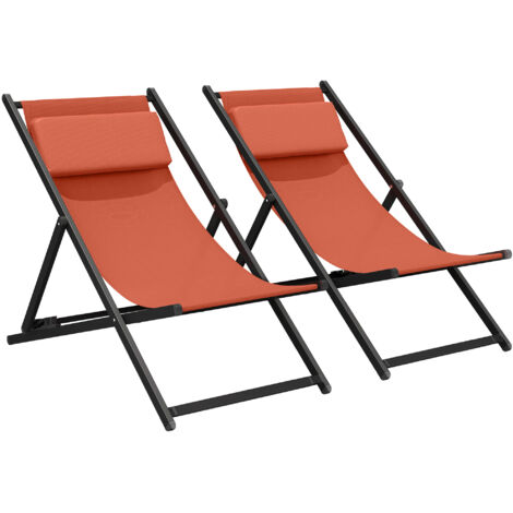 Lot de 2 bains de soleil pliants en textilène, chaise longue inclinable avec appui-tête, 60 x 100 x 85 cm, rouge brique
