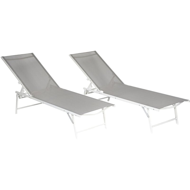 Happy Garden - Lot de 2 bains de soleil pliants SICILIA en textilène gris - structure blanche - Gris / Blanc