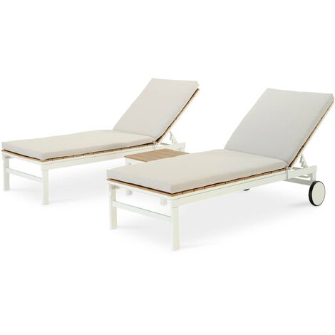 Lot de 2 bains de soleil polywood aluminium et imitation bois blanc à roulettes avec coussin + table d'appoint - Osaka