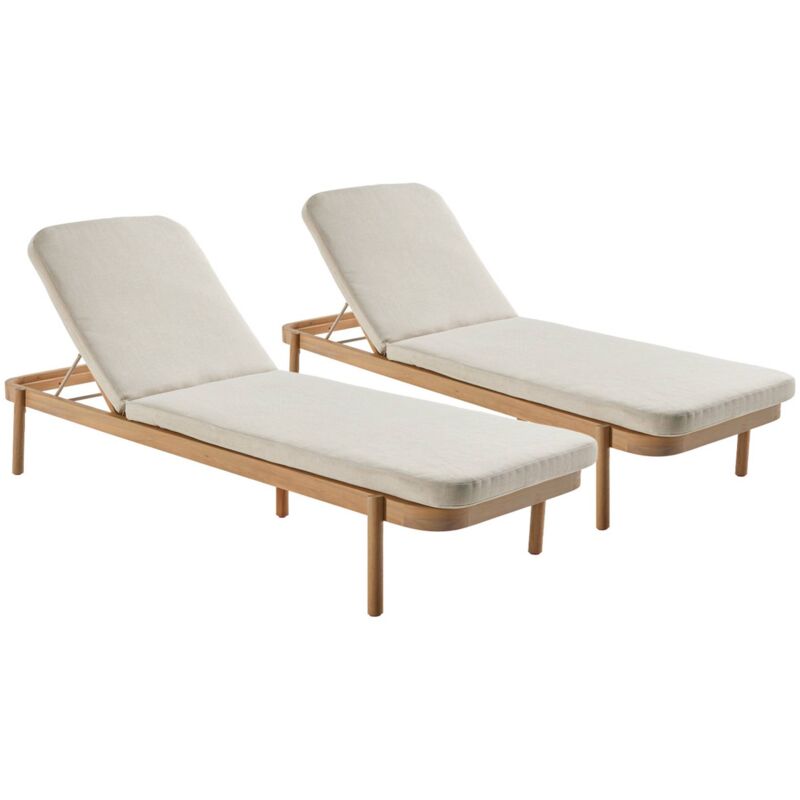 Lot de 2 bains de soleil punta cana en bois d'acacia. inclinable. déhoussable. coussin beige en polyester