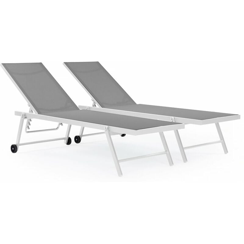 Habitat Et Jardin - Lot de 2 bains de soleil textilène aluminium 'Jolia' - Gris / Blanc