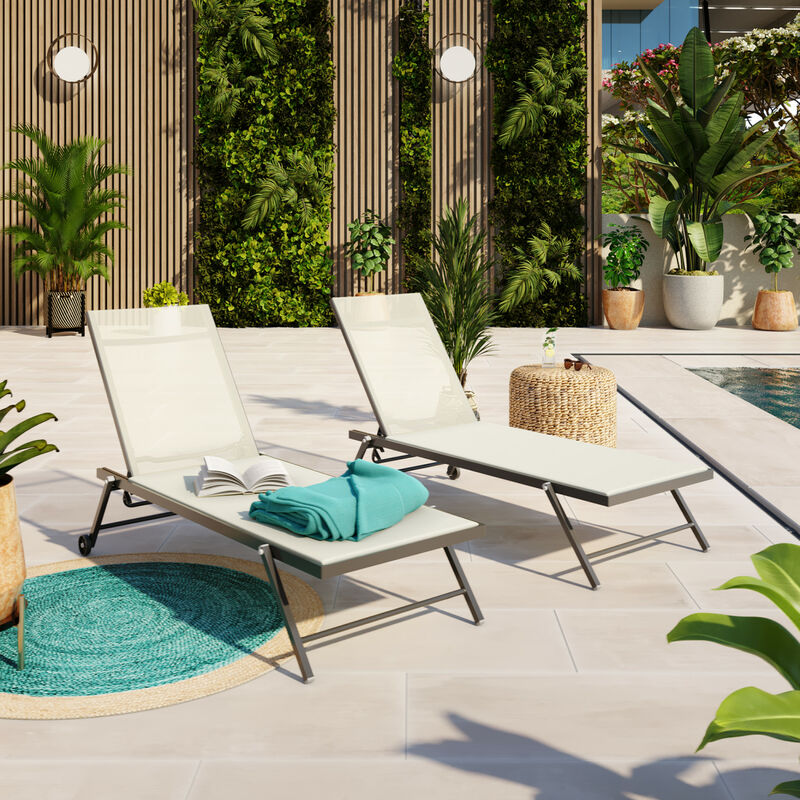 Avril Paris - Lot de 2 bains de soleil / transat de aluminium inclinable avec roulettes - Anthracite beige - ALIA - Beige