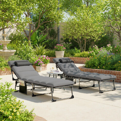 Lot de 2 Bains de Soleil Transat de Jardin Matelas XXL 9cm Inclinable 180° Plat Pliable à 5 Positions 200x57x38cm Gris