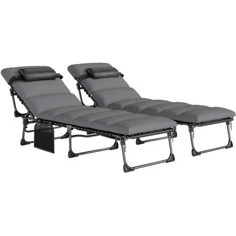 Lot de 2 Bains de Soleil Transat de Jardin Matelas XXL 9cm Inclinable 180° Plat Pliable à 5 Positions 200x57x38cm Gris