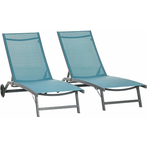 Lot de 2 bains de soleil transats inclinables - 2 roulettes - alu. textilène bleu