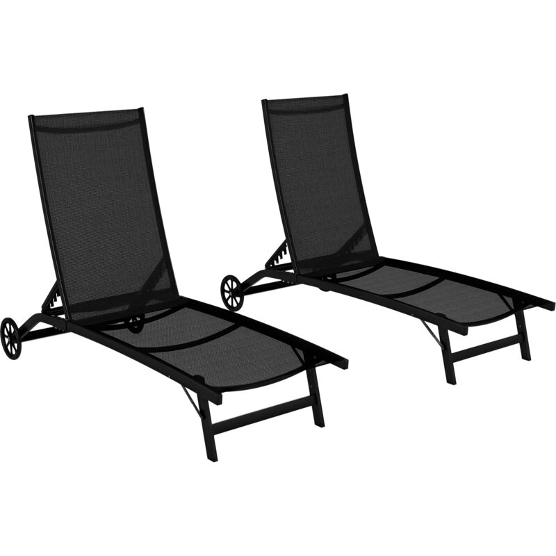Lot de 2 bains de soleil transats inclinables - 2 roulettes - alu. textilène noir